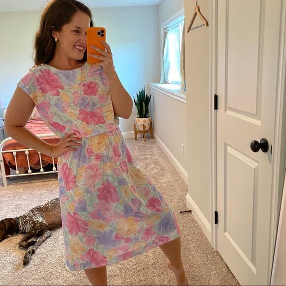 Vintage Mari Lynn Fashions Pink Watercolor Floral Mini Dress Small - Picture 2 of 14